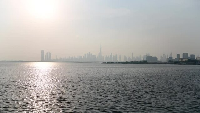 Panoramic View of Dubai Skyline from Dubai Creek Harbor in 4K