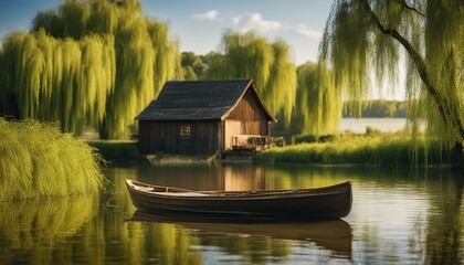 Combine elements of a peaceful lakeside scene with a rowboat, weeping willow trees, and a rustic...