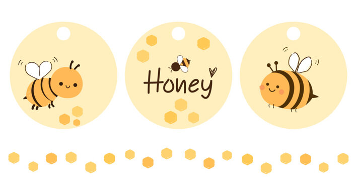 Beehive honey sign with bee cartoon and hand written font on yellow circle tag isolated on white background vector.