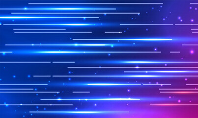 Abstract technology futuristic horizontal glowing light lines background. Dynamic motion speed of light. Beautiful flash of light and spark. Technology velocity movement pattern. Tech Vector EPS10.