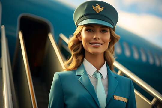 Attractive female airplane pilot on the ramp, charming woman private airline employee in uniform and cap