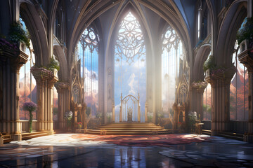 A majestic cathedral inspired by Gothic architecture, with towering spires, intricate stone tracery, and stained glass windows, creating an atmosphere of grandeur and spirituality. Ai Generated.NO.02 - obrazy, fototapety, plakaty