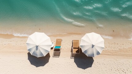 two sun loungers, one beach umbrella on white sand near sea water, top down view, copy space, 16:9