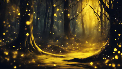 Yellow light Dark Night fairytale fantasy forest landscape with magical glows Abstract forest
