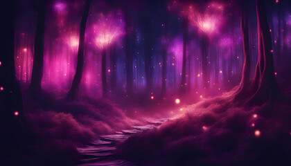 Purple and blue Night fairytale fantasy forest landscape with magical glows Abstract forest
