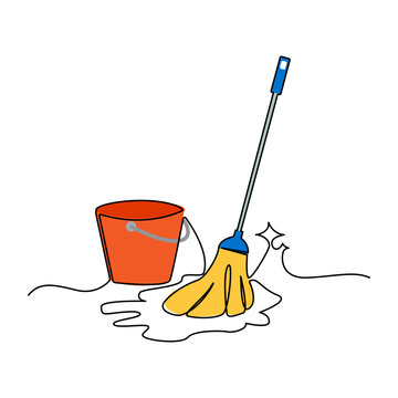 orange bucket and yellow mop cleaning clip art preview