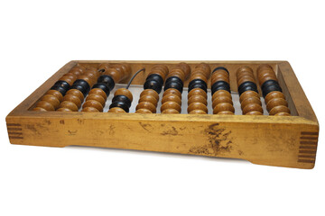 schoty abacus. Showing face of slanted wooden frame. single counting frame. ten metal curved rods with wooden colored beads. isolated on white background, with clipping path
