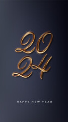 Obraz na płótnie Canvas 2024 Happy new year on dark banner. luxury background with golden metallic numbers date 2024. Vector 9:16