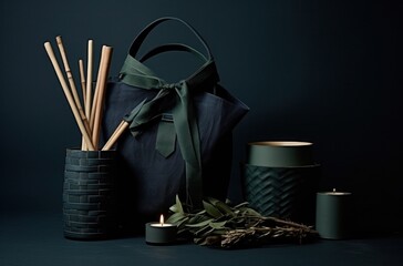 christmas presents : a bag containing candles, a pen and a wooden plate - obrazy, fototapety, plakaty