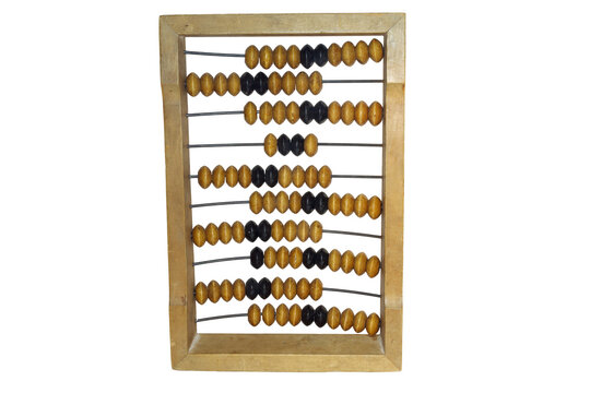 schoty abacus, isolated on white background, including clipping path. Vintage calculating tool. Wooden frame and colored beads on steel rods