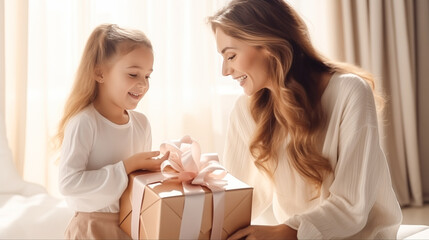 Obraz na płótnie Canvas Mother's Day Congratulations. Loving little girl surprised her mom with a gift box. Celebrating birthday or Mother's Day at home. Smiling mom gives a gift to her happy daughter. Surprise, present