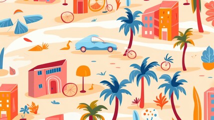 a seamless pattern with objects such as palm trees and some others with soft colors, suitable for printing on fabric.