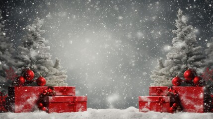 Christmas tree and gift boxes on the background of snow. Empty space