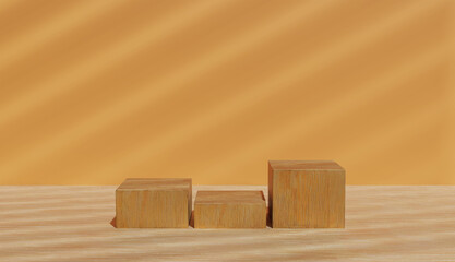 Wooden Podium with Wall on Yellow Background