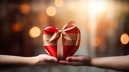 Present for St. Valentine's Day. Two hands delicately presenting a gift box in heart shape with a red ribbon bow. Love, lgbt concept. Close up. Valentine's day or Mother’s day greeting card. - obrazy, fototapety, plakaty