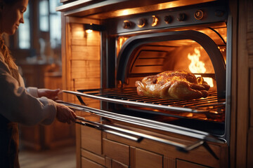 Young woman opens the oven to check roasting chicken. - obrazy, fototapety, plakaty