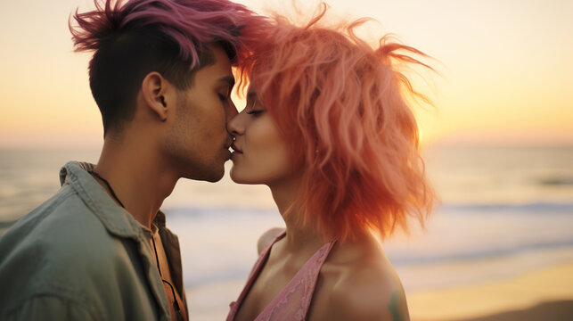 modern young couple kissing and hugging at sunset, gen z man and woman with colored hair kiss and embrace portrait