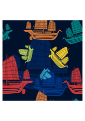 Editable Flat Monochrome Style Side View Ancient Japanese Ship Vector Illustration in Various Colors as Seamless Pattern With Dark Background for Transportation and Cultural Education Related Design