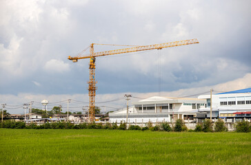 A view across a green rice field to a yellow crane installed on a construction site.
