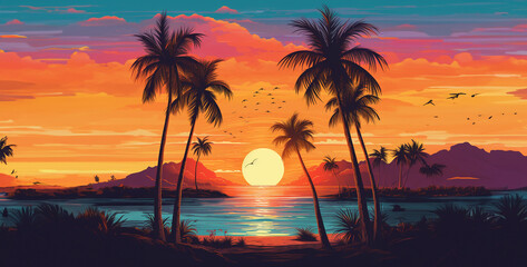 Fototapeta na wymiar album cover summer vibes palm trees beach,sunset on the beach. Generative Ai content