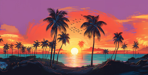 album cover summer vibes palm trees beach, sunset on the beach.Generative Ai content - obrazy, fototapety, plakaty