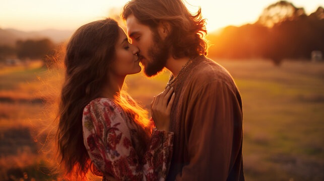 young lovely hippie couple embrace and kiss at sunset, romantic man and woman hugging and kissing in field at sunrise, valentine concept