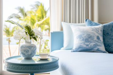 A table with blue vases with flowers  and white pillows on it.