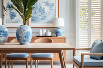 Blue and white vases adorn a wooden dining room table.