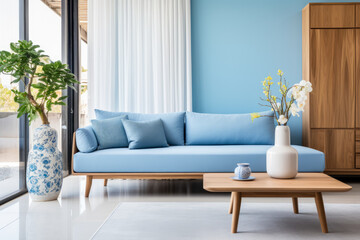 Living room with a blue accent wall, wooden sofa and lamp. - obrazy, fototapety, plakaty