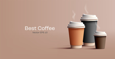 Colored paper cups for coffee with a hot drink. 3D. For advertising and branding concepts, coffee, tea. For cafes and restaurants. Drinks to take away. Vector