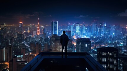 back view of businessman standing in the top of the building, looking at big city buildings, night skyline and street lights - obrazy, fototapety, plakaty