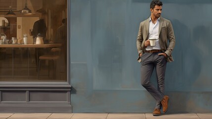 Busy handsome man standing in front of a café 