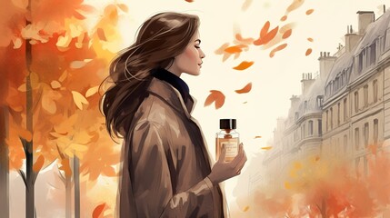 Chic french style woman with a perfume in autumn 