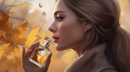 Chic beautiful model with perfume in cozy fall weather 