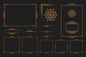 Set Of Golden Vintage ornament with border, frame, crown, ornate,  mandala and luxury elements, suitable for vintage design or wedding invitation card