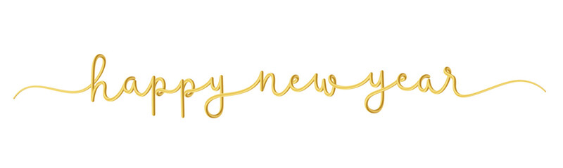 HAPPY NEW YEAR gold vector brush calligraphy banner with swashes on white background - obrazy, fototapety, plakaty