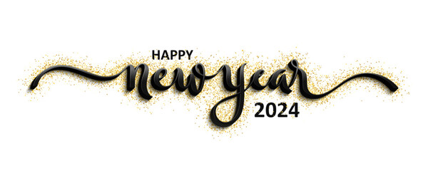 HAPPY NEW YEAR 2024 black vector brush calligraphy banner with gold confetti on white background
