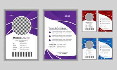 Minimal vector office ID card template design with multi color variation. Modern colorful creative corporate business identity card for employees with three color variations with Flat realistic style 