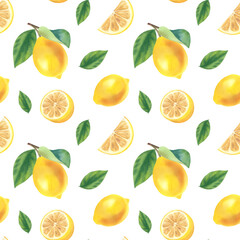 Watercolor seamless pattern of fresh juicy lemons with leaves and slices. Hand drawing. Citrus fruit background. For designers, postcards, party Invitations, wrapping.