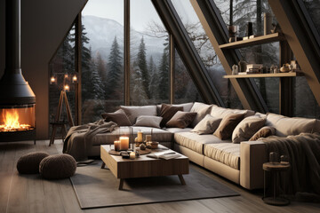 Living room decor in Scandinavian style, interior design with fireplace, large panoramic windows