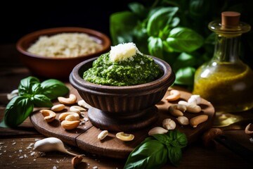 An Intimate Look at the Preparation of Homemade Pesto Sauce with its Key Ingredients Spread on a Rustic Kitchen Table
