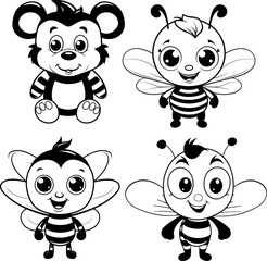 Bee cute cartoon vector image, coloring page