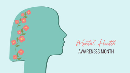 Mental Health Awareness Month banner is observed every year in May. Vector template for banner, greeting card in flat minimalistic style.