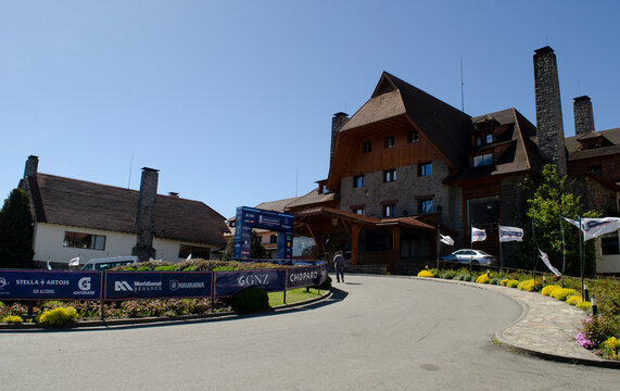Bariloche, R&iacute;o Negro, Argentina - NOVEMBER 23, 2023: entrance of the llao lloa hotel in classic car competition 1000 miles