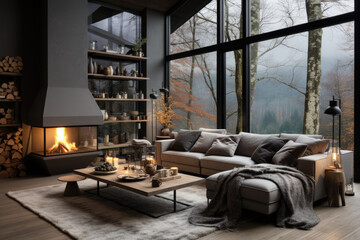 Obraz premium Living room decor in Scandinavian style, interior design with fireplace, large panoramic windows