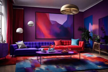 close up view, living room,with luxury things, wall colour is red, room roof colour is purple and...