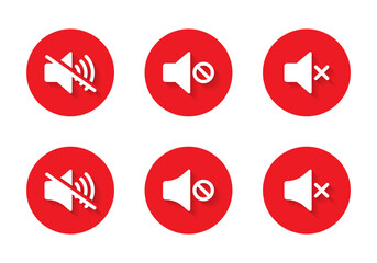 Mute speaker, no sound icon vector on red circle. Silent symbol with shadow