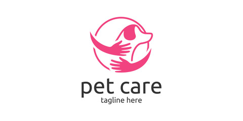 dog care logo design with dog elements and hugging hands.