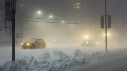 Small yellow taxi on a street covered in deep snow at night with blizzard and fog, danger of...