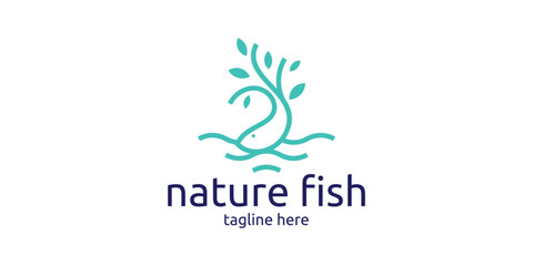 logo design combining fish shapes with natural plants, minimalist lines.